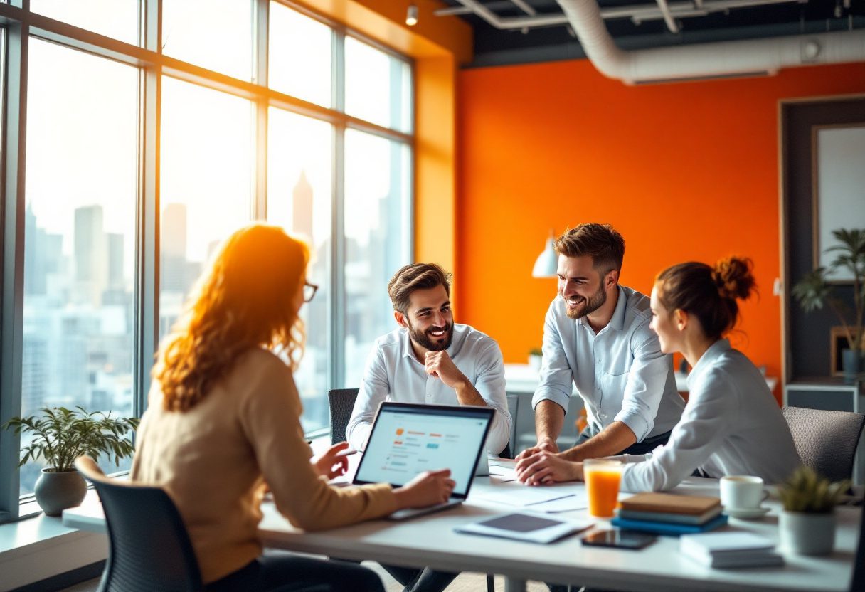 Quatre professionnels en réunion autour d’une table avec des ordinateurs portables, documents et boissons, dans un espace de travail lumineux avec vue sur la ville