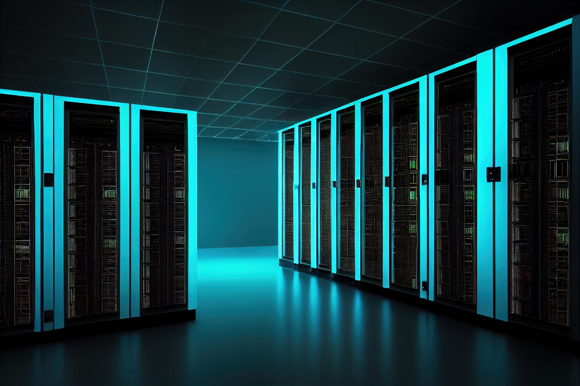 Vue intérieure d’un data center modulaire ZK-Systems avec racks serveurs haute densité et éclairage bleu sécurisé