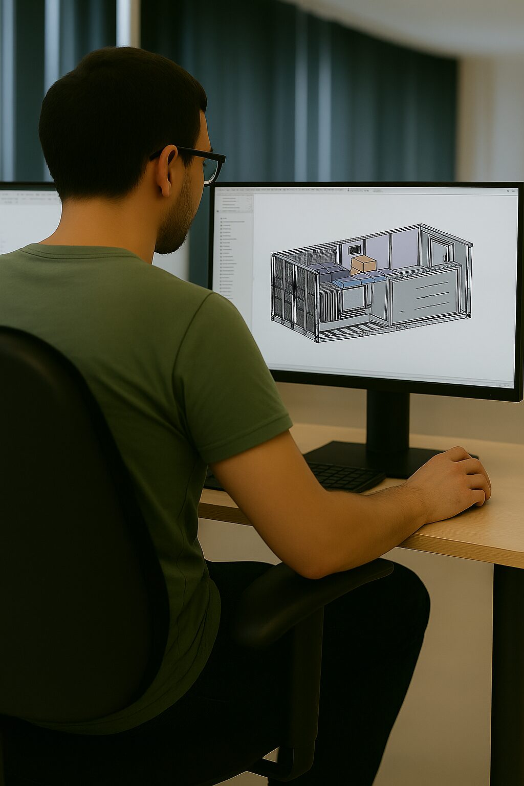Ingénieur en conception industrielle modélisant un conteneur technique ZK-Systems sur SolidWorks, double écran avec vue détaillée