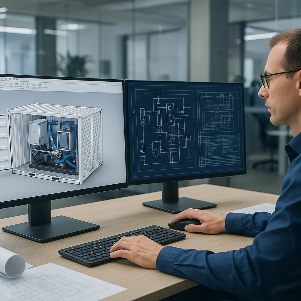 Ingénieur en bureau d’études concevant un système modulaire sur logiciel 3D