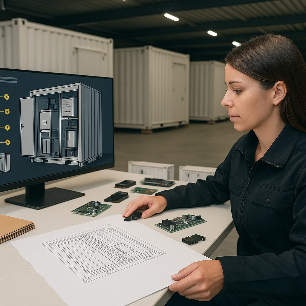 Technicienne en bureau de production validant un plan d’implantation pour un container télécom