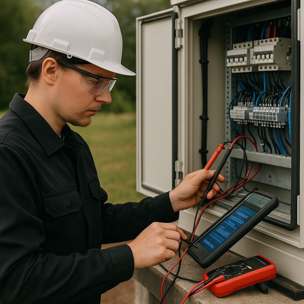 Technicien en intervention terrain réalisant une maintenance préventive avec tablette et multimètre sur armoire électrique