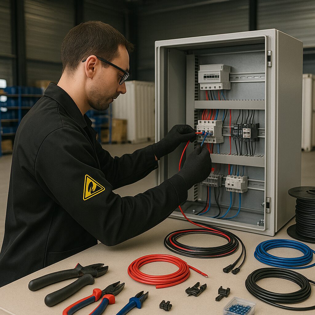 Technicien câblant une armoire électrique dans un atelier industriel moderne avec équipement ESD