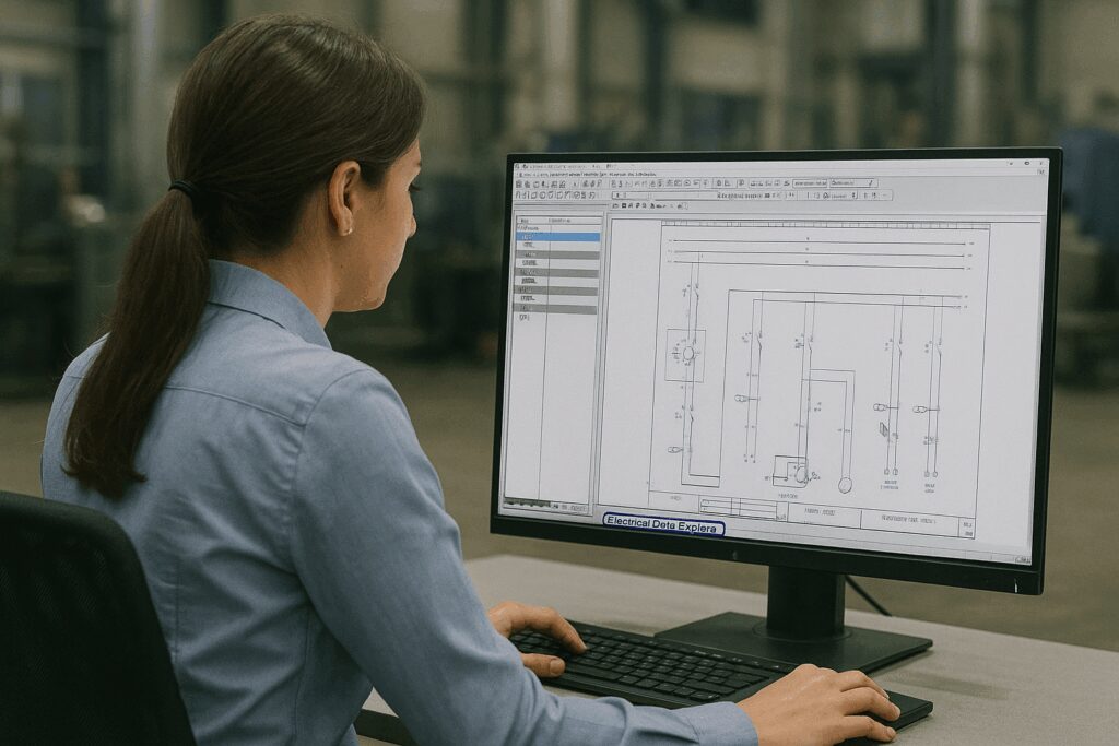 Ingénieure de dos en bureau d'études industriel, travaillant sur un schéma électrique affiché dans le logiciel de conception électrique