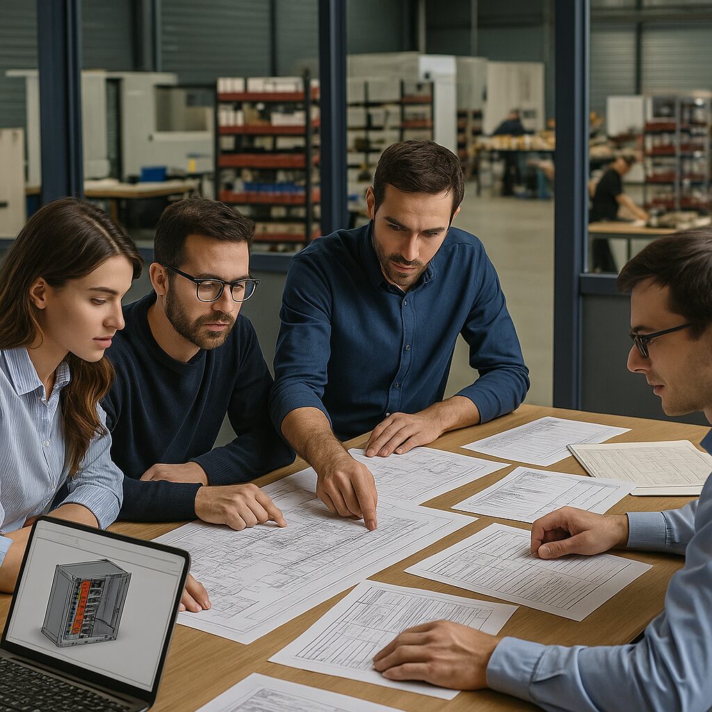 Réunion d’équipe en ingénierie industrielle autour de plans techniques, avec vue sur un atelier de fabrication en arrière-plan