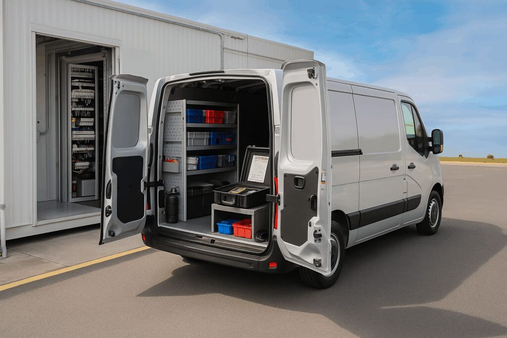 Fourgon de maintenance ouvert devant une station conteneurisée, équipé d’un poste de diagnostic et de rangements pour les outils de contrôle.