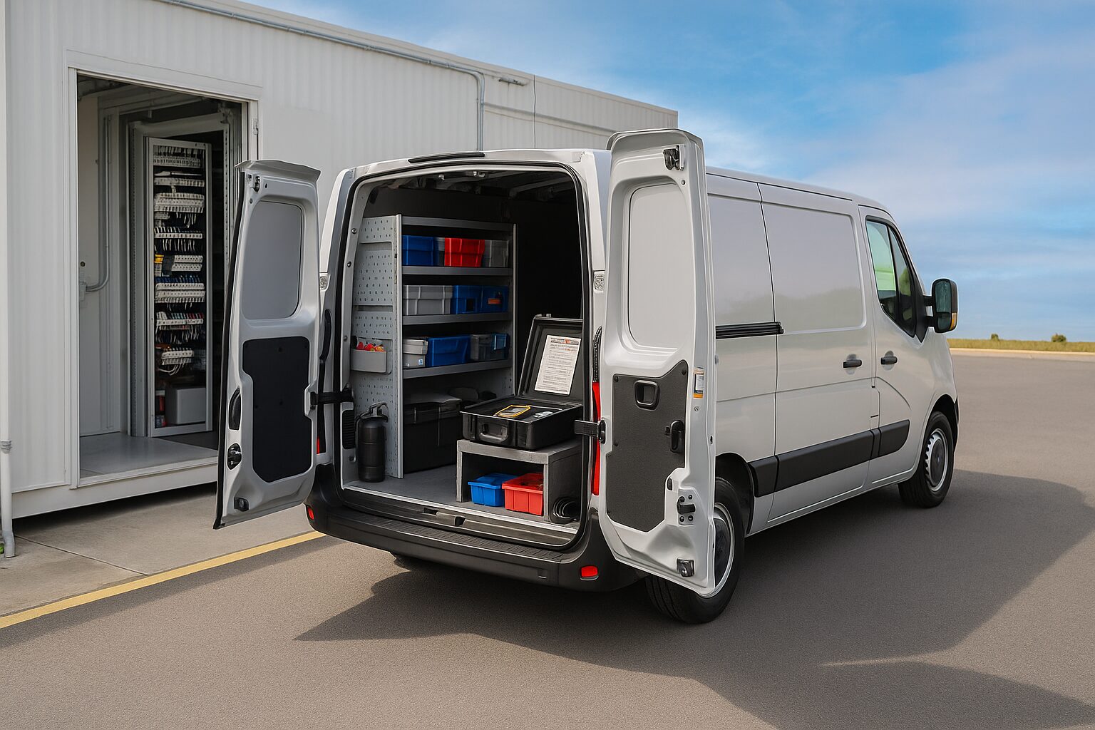 Fourgon de maintenance ouvert devant une station conteneurisée, équipé d’un poste de diagnostic et de rangements pour les outils de contrôle.